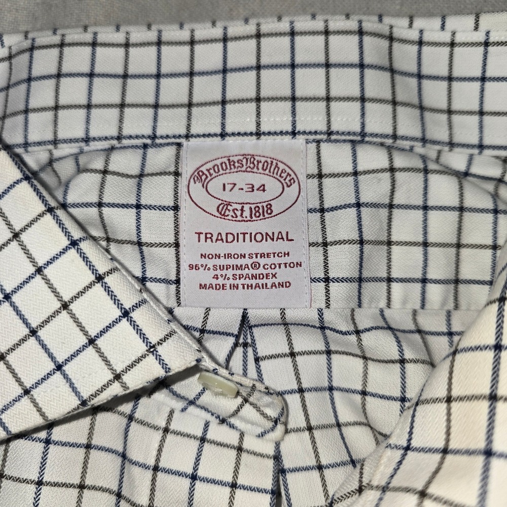 Brooks Brothers Shirt Mens 17-34 White Check traditional Non-Iron Stretch - Picture 2 of 4
